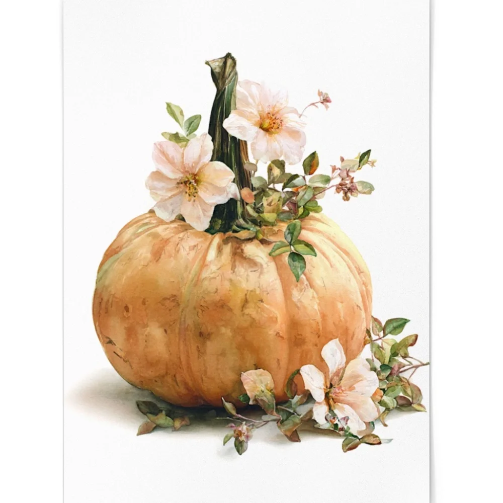Watercolor Pumpkin with Flowers Wall Art Print Unframed - Cozy Autumn Elegance - Picture 3 of 7